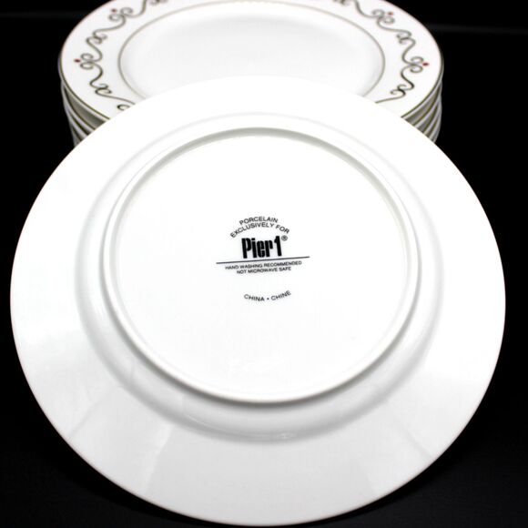 Vintage Pier 1 Salad Dessert Plates Set White Gold Scroll Red Ornaments Design - Picture 4 of 8